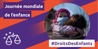 Visuel aux couleurs de Volt Europa portant le titre « Journée mondiale de l’enfance » et le hashtag #DroitsDesEnfants. Il comporte la photo d’une fille dans les bras de sa mère et serrant ses bras autour de son cou.