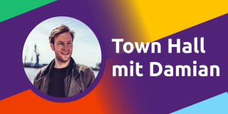 Photo of Damian with title "Town Hall mit Damian"