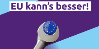 Bild eines Schraubschlüssels, der die EU-Flagge umfasst und dem Text "EU kann's besser"