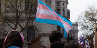 A trans rights flag is waved in the air at a demonstration
