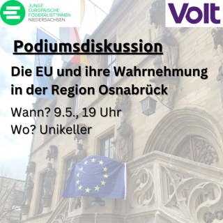 Ankündigung einer Podiumsdiskussion von Volt Osnabrück und JEF Osnabrück am Europatag im Unikeller