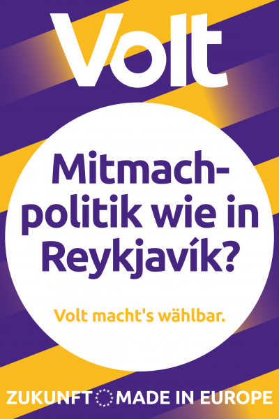 Wahlplakat mit der Aufschrift "Mitmachpolitik wie in Reykjavik?"