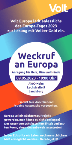 Flyer - Volt Europa lädt anlässlich des Europa-Tages 2023 zur Lesung mit Volker Gold ein