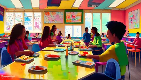 (AI Art) Children enjoy a meal all together in a classroom