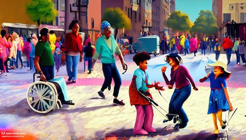 (AI Art) children play in a square while a person on a wheelchair goes by