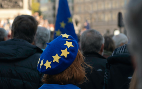 A woman with a blue beret decorated with the stars of the EU flag is seen in front of a EU flag.