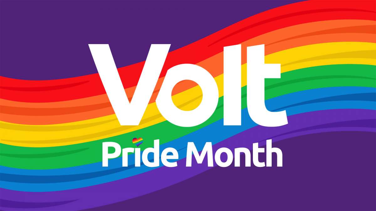 Volt Pride Month logo on a rainbow