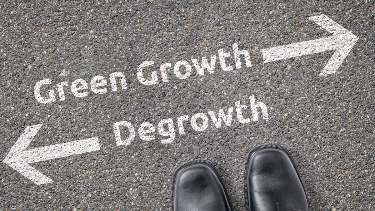 A person is standing at a crossroads: one path leads to degrowth, one path leads to green growth