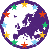 Karte von Europa in lila auf weißem Grund, außen die Sterne der EU in den Farben von Volt